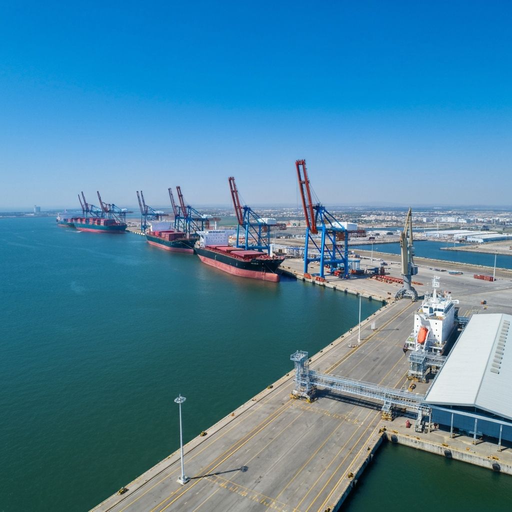 Modern secure port facility with cargo ships docked safely