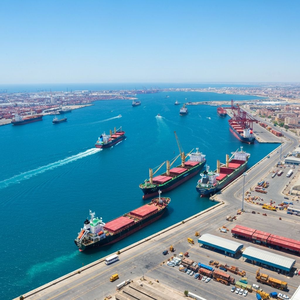Panoramic harbor view with multiple cargo vessels